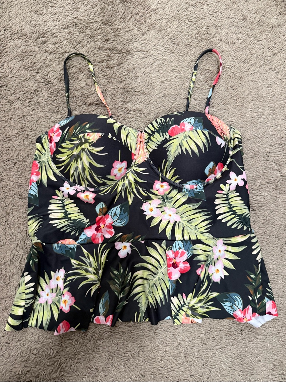 Floral Peplum Tankini Top in Black with Pink & Green